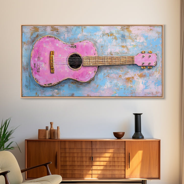 Pink Acoustic Guitar Painting Canvas Print, Music Studio Wall Art, Retro Music Room Decor, Gift For Guitar Lover And Home Decor