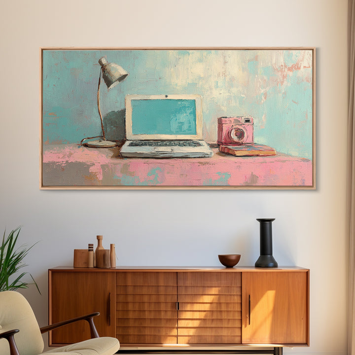 Pastel Laptop Lamp And Camera Desk Wall Art, Home Office Decor, Tech Lover Art Print, Modern Study Room Canvas Print For Apartment Decor
