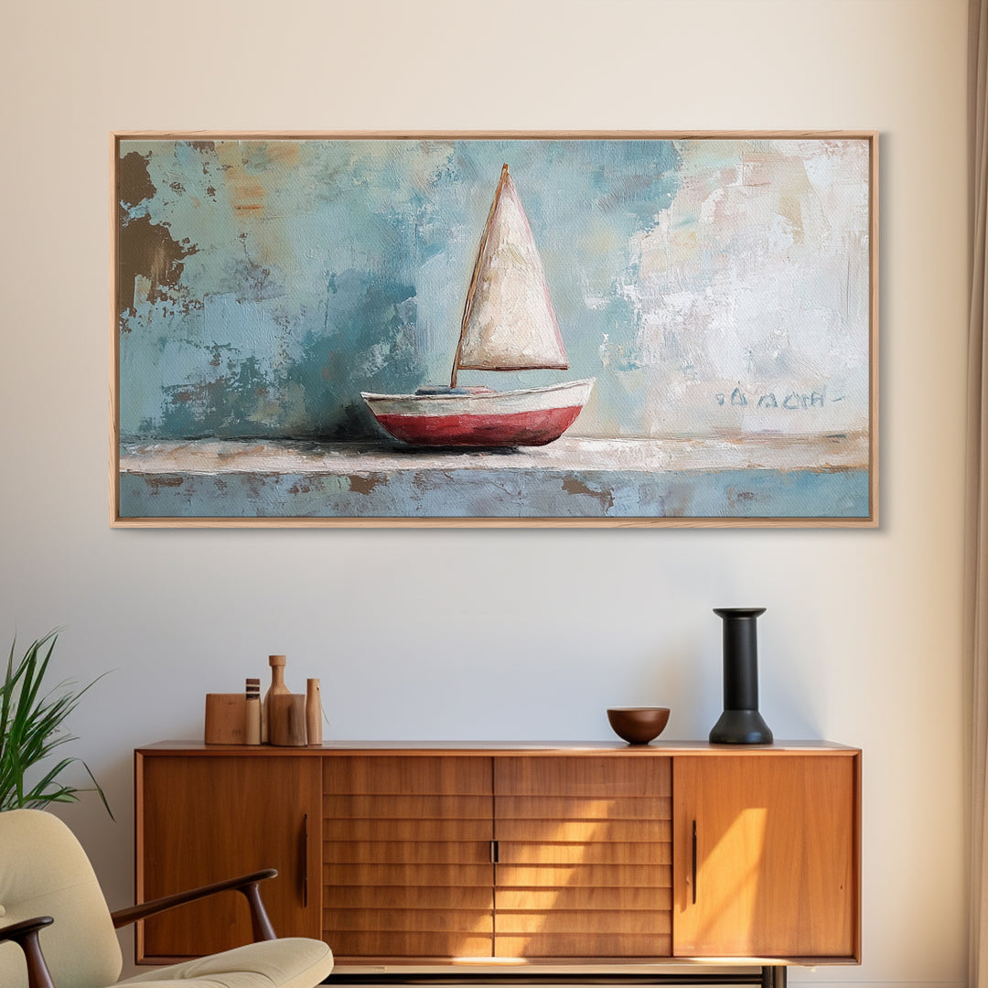 Red And White Sailboat Still Life Canvas Print, Nautical Wall Art, Coastal Home Decor, Beach House Gift And Ocean Nursery Decor