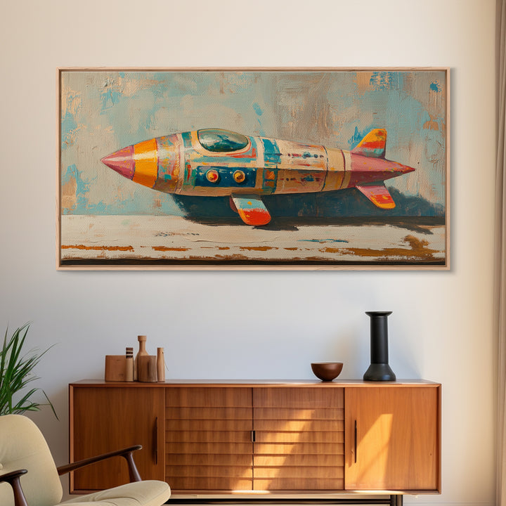 Retro Tin Toy Rocket Framed Canvas Print, Space Wall Art, Sci Fi Nursery Decor, Boys Room Art Gift For Space Lover Retro Space Decor