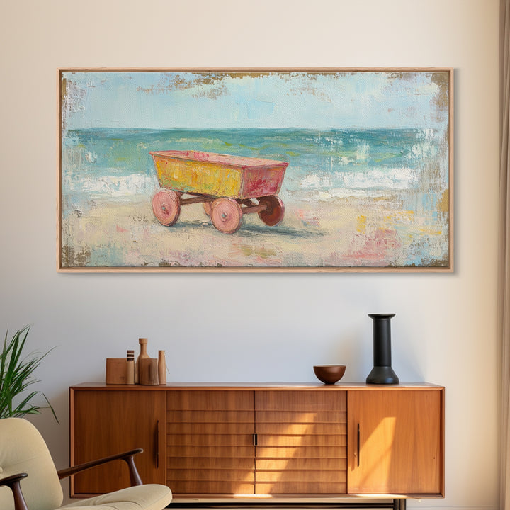 Yellow Beach Wagon Canvas Print, Coastal Wall Art, Beach House Decor, Ocean Wall Decor, Summer Nursery Art, Housewarming Gift