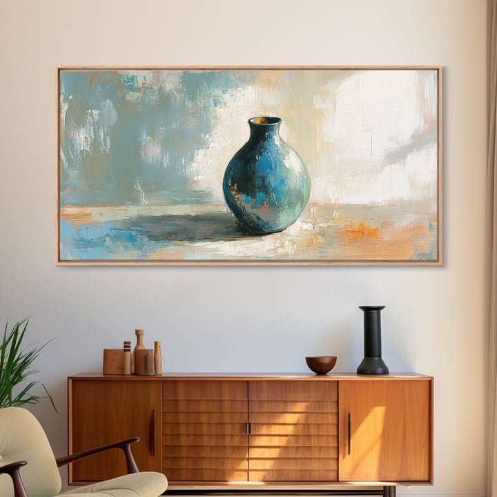 Turquoise Ceramic Vase Still Life Framed Canvas Print, Neutral Wall Art, Modern Home Decor, Living Room Decor, Housewarming Gift
