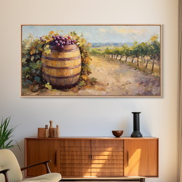Wine Barrel And Grapes Vineyard Landscape Canvas Print, Winery Wall Art, Rustic Kitchen Decor, French Country Decor, Gift For Wine Lover