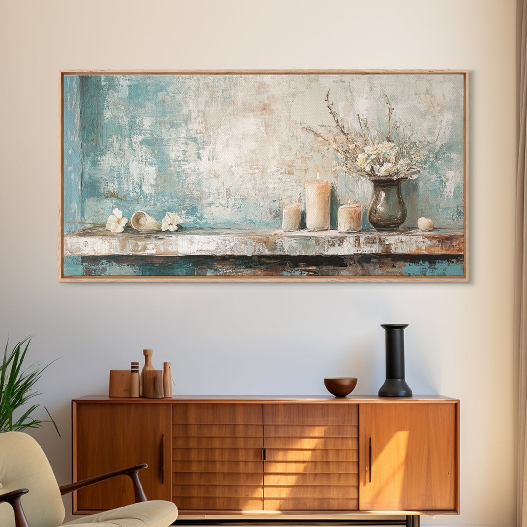 Candles Flowers And Seashell Still Life Canvas Print, Coastal Wall Art, Spa Decor, Neutral Bathroom Decor, Calming Wall Art