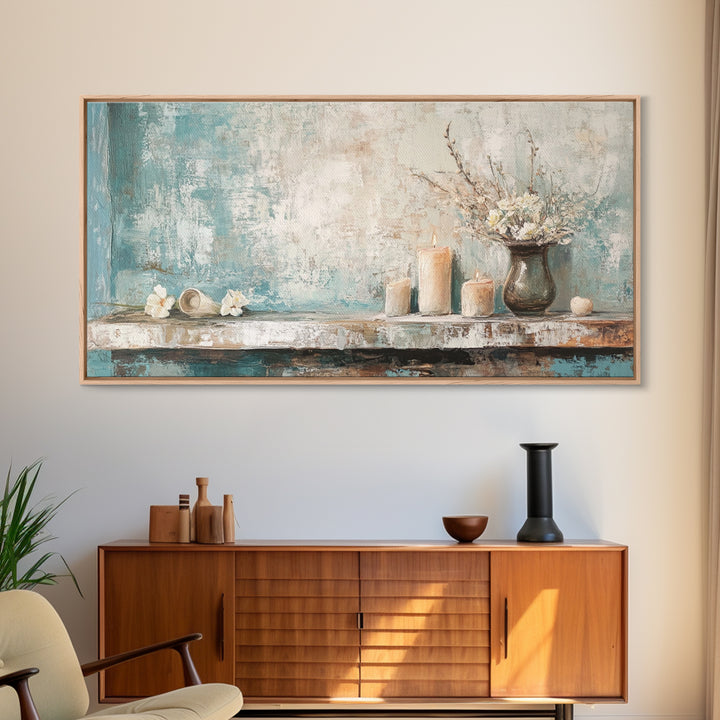 Candles Flowers And Seashell Still Life Canvas Print, Coastal Wall Art, Spa Decor, Neutral Bathroom Decor, Calming Wall Art