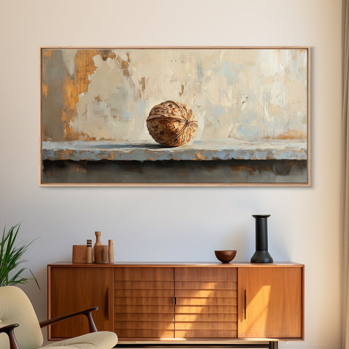 Walnut On Textured Ledge Minimalist Canvas Print, Wabi Sabi Wall Art, Neutral Wall Decor, Organic Modern Art, Earth Tone Decor