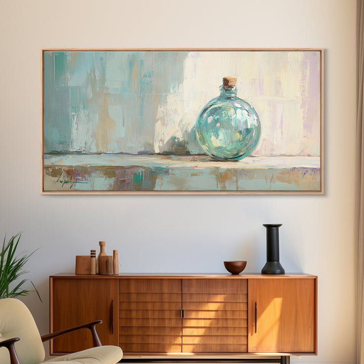Aqua Glass Bottle Still Life Framed Canvas Print, Coastal Wall Art, Minimalist Decor, Modern Home Decor, Housewarming Gift