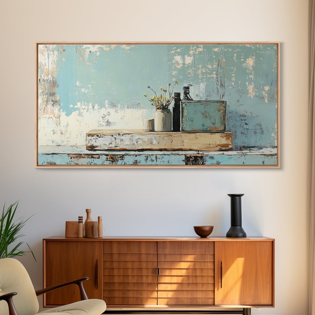 Rustic Blue Shelf Still Life Wall Art, Textured Coastal Farmhouse Kitchen Decor, Neutral Living Room Art Print, Housewarming Gift