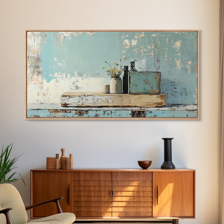 Rustic Blue Shelf Still Life Wall Art, Textured Coastal Farmhouse Kitchen Decor, Neutral Living Room Art Print, Housewarming Gift