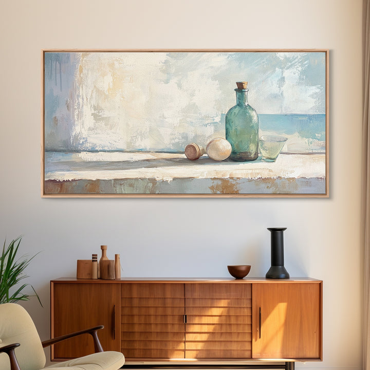 Sea Glass Bottle And Eggs Wall Art, Minimalist Coastal Kitchen Decor, Neutral Still Life Canvas Print, Beach House Decor Gift