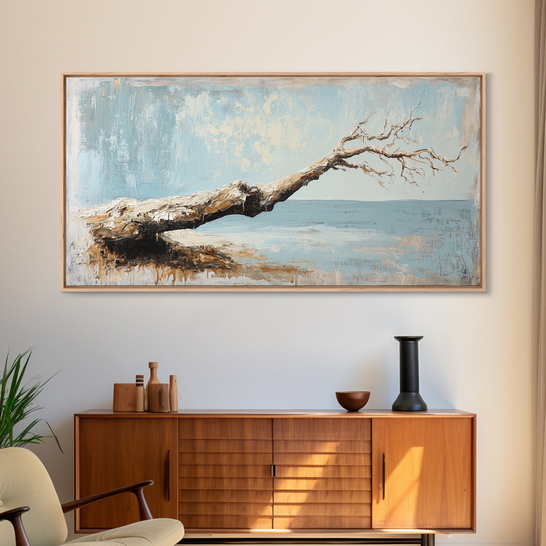 Weathered Driftwood Seascape Wall Art, Coastal Beach House Decor, Neutral Ocean Canvas Print, Rustic Nature Living Room Art Gift