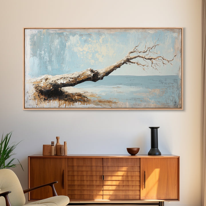 Weathered Driftwood Seascape Wall Art, Coastal Beach House Decor, Neutral Ocean Canvas Print, Rustic Nature Living Room Art Gift