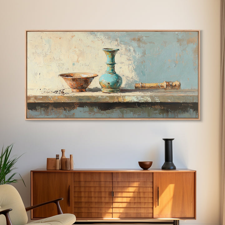 Turquoise Vase And Rustic Bowl Wall Art, Textured Still Life Canvas Print, Neutral Farmhouse Decor For Living Room Housewarming Gift