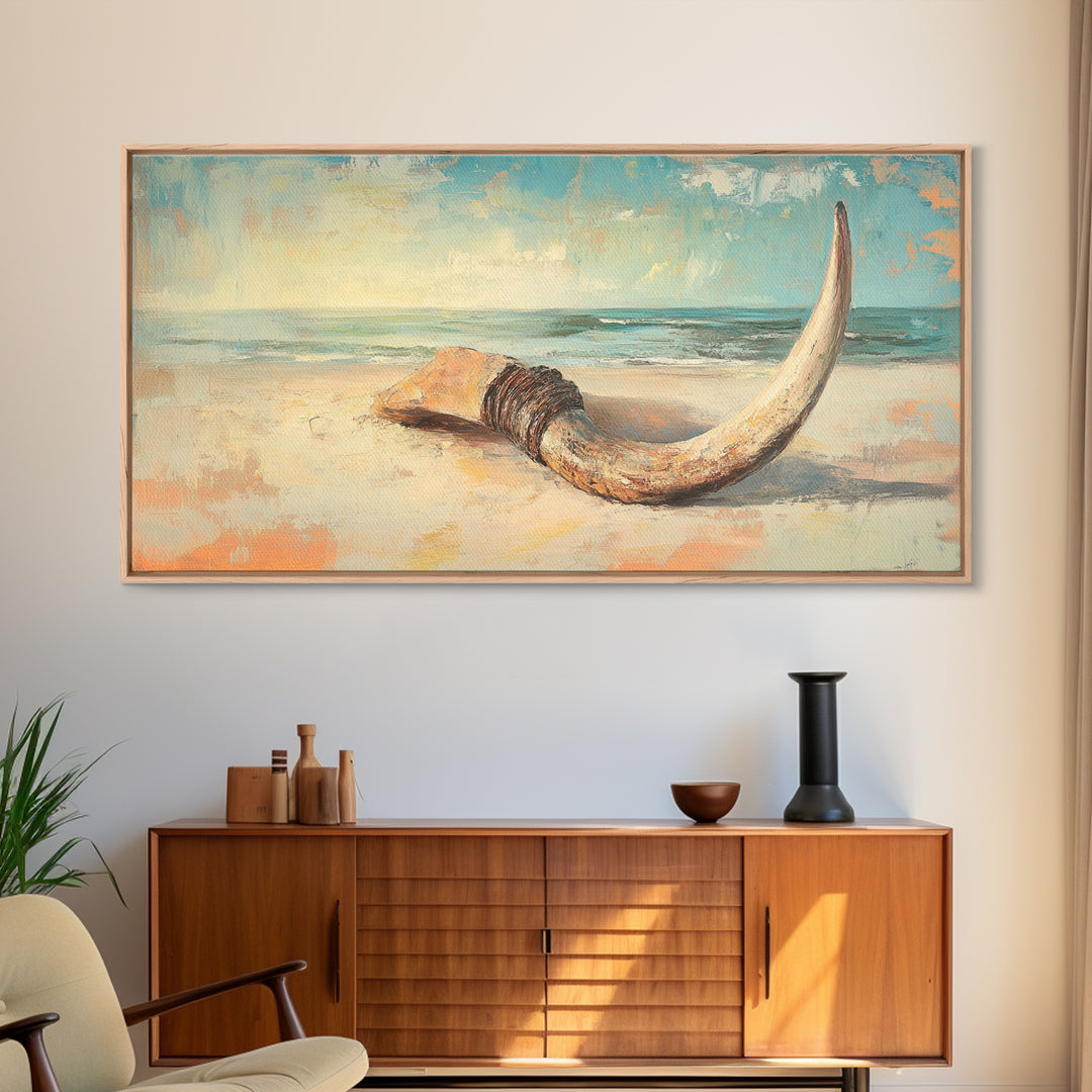Weathered Horn On Sandy Shore Wall Art, Coastal Beach House Decor, Nautical Canvas Wall Art, Rustic Seascape Gift For Living Room Decor