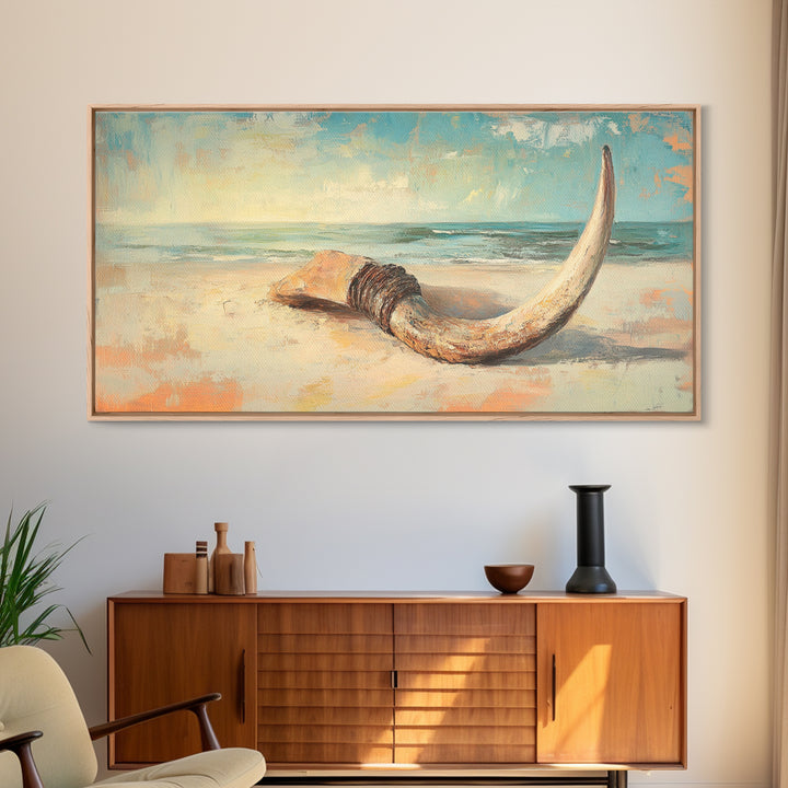 Weathered Horn On Sandy Shore Wall Art, Coastal Beach House Decor, Nautical Canvas Wall Art, Rustic Seascape Gift For Living Room Decor