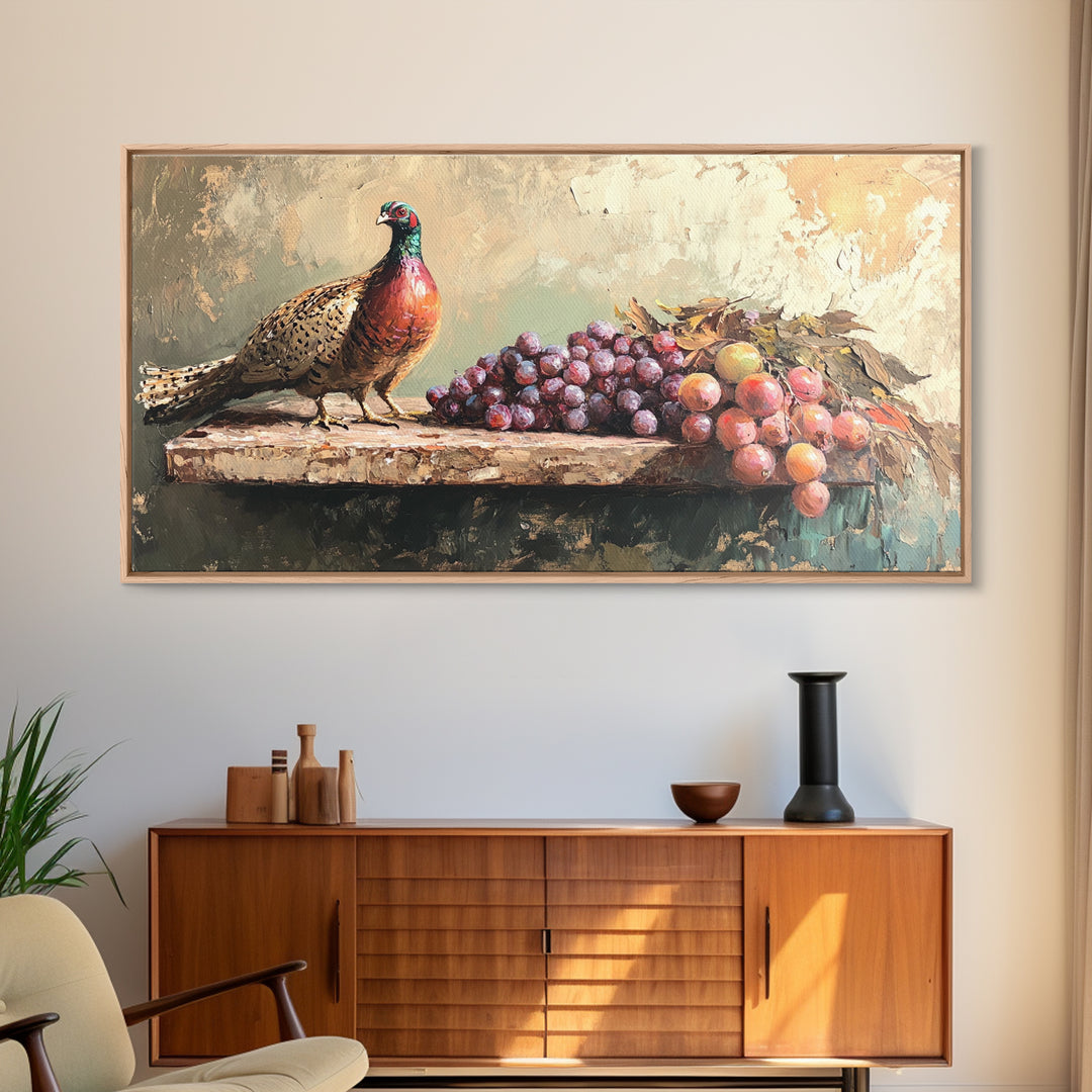 Pheasant And Purple Grapes Framed Canvas Print, Rustic Country Kitchen Wall Art, Winery Decor, Farmhouse Dining Room Still Life