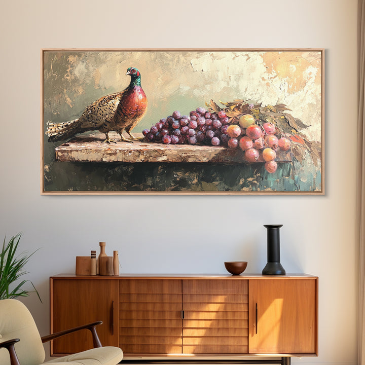 Pheasant And Purple Grapes Framed Canvas Print, Rustic Country Kitchen Wall Art, Winery Decor, Farmhouse Dining Room Still Life