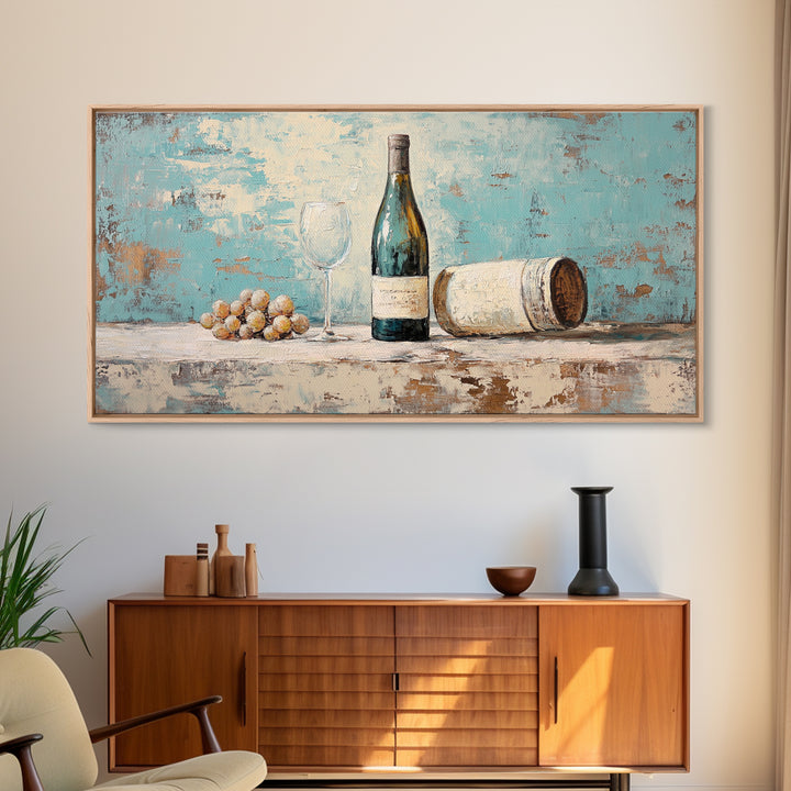 Wine Bottle With Glass And Grapes Canvas Print, Winery Kitchen Wall Art, Rustic Bar Cart Decor, Vineyard Housewarming Gift