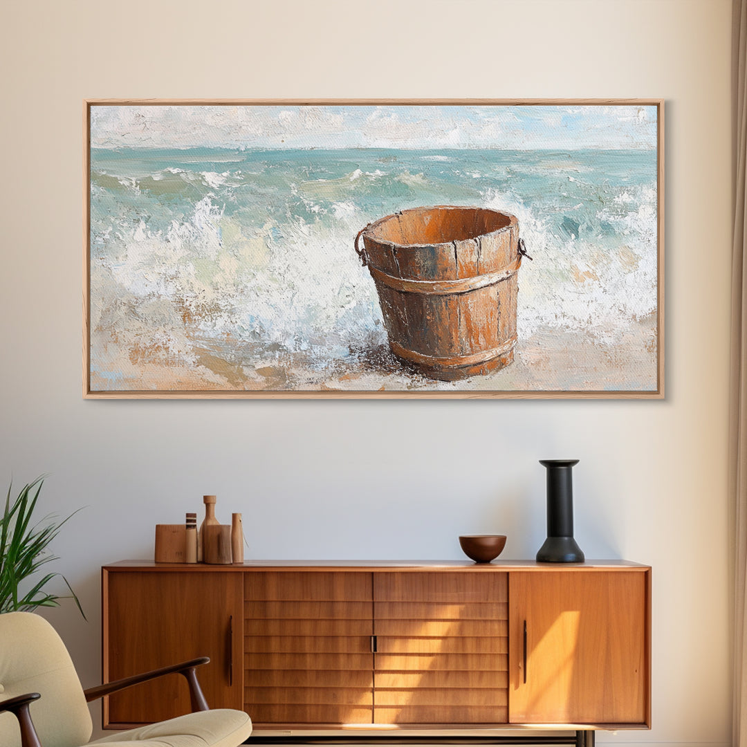 Wooden Bucket By Ocean Waves Framed Canvas Print, Coastal Beach Wall Art, Nautical Bathroom Decor, Beach House Gift For Living Room