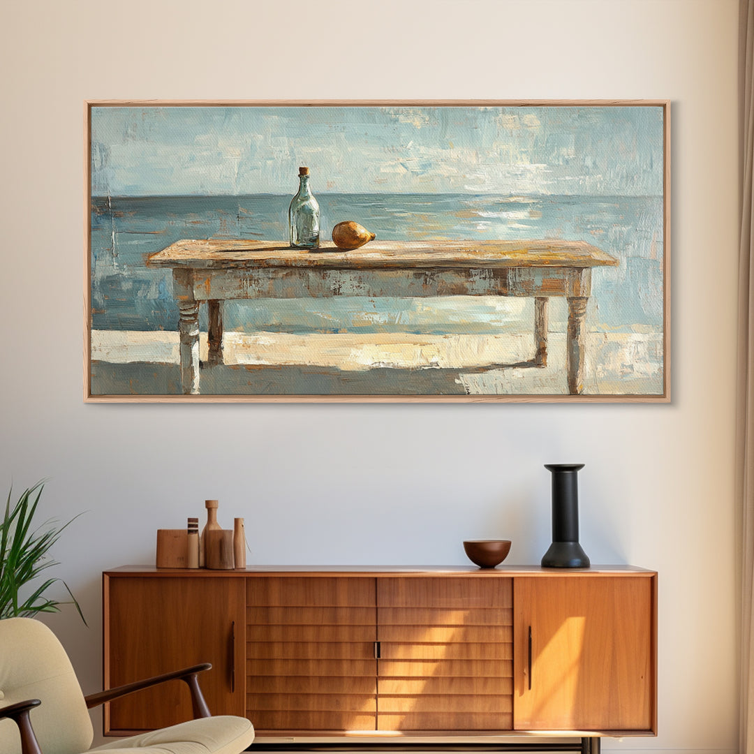 Weathered Seaside Table With Bottle Canvas Print, Coastal Wall Art, Beach House Decor, Ocean Painting, Nautical Living Room Decor
