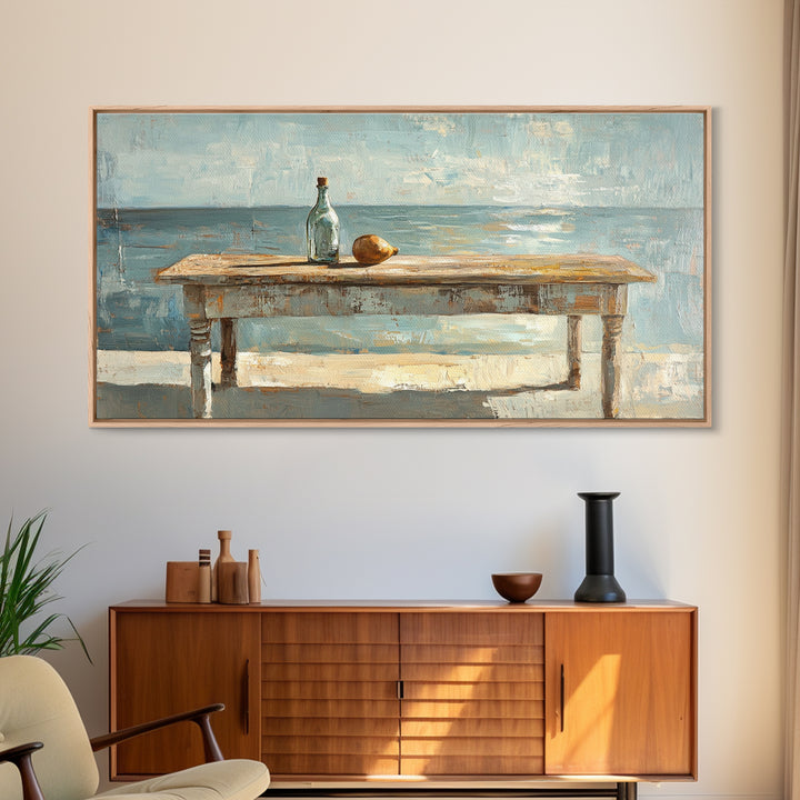 Weathered Seaside Table With Bottle Canvas Print, Coastal Wall Art, Beach House Decor, Ocean Painting, Nautical Living Room Decor