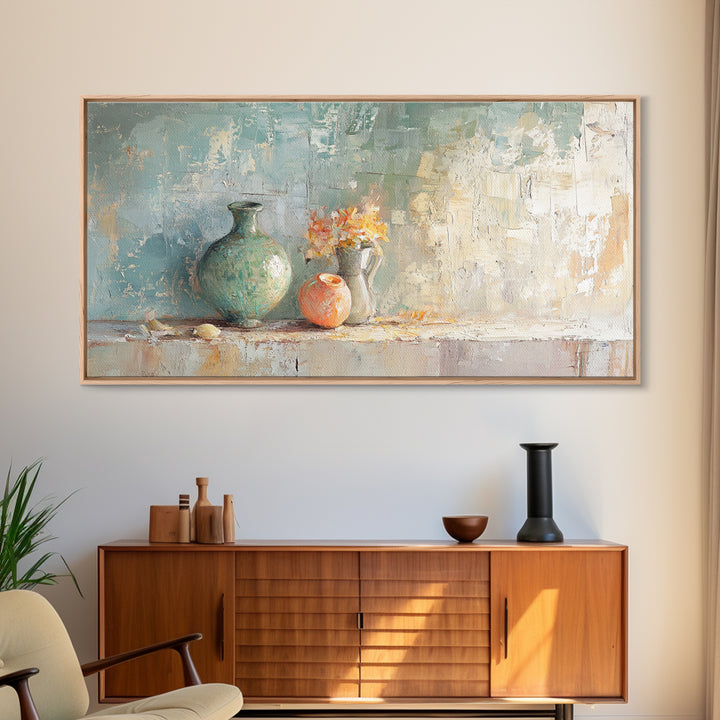 Textured Vases With Tiny Orange Flowers Canvas Print, Neutral Wall Art, Modern Farmhouse Decor, Still Life Painting, Gift For Her