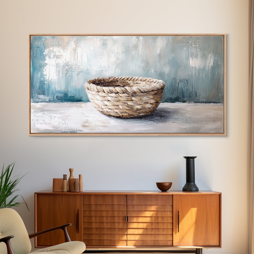 Handwoven Basket Still Life Canvas Print, Rustic Wall Art, Neutral Farmhouse Decor, Wabi Sabi Art, Cozy Kitchen Decor Gift