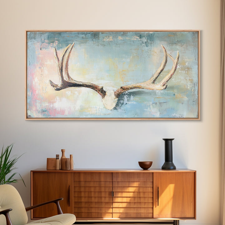Rustic Antlers On Blue Background Wall Art, Western Wall Decor, Cabin Decor, Nature Canvas Print, Masculine Office Art Gift