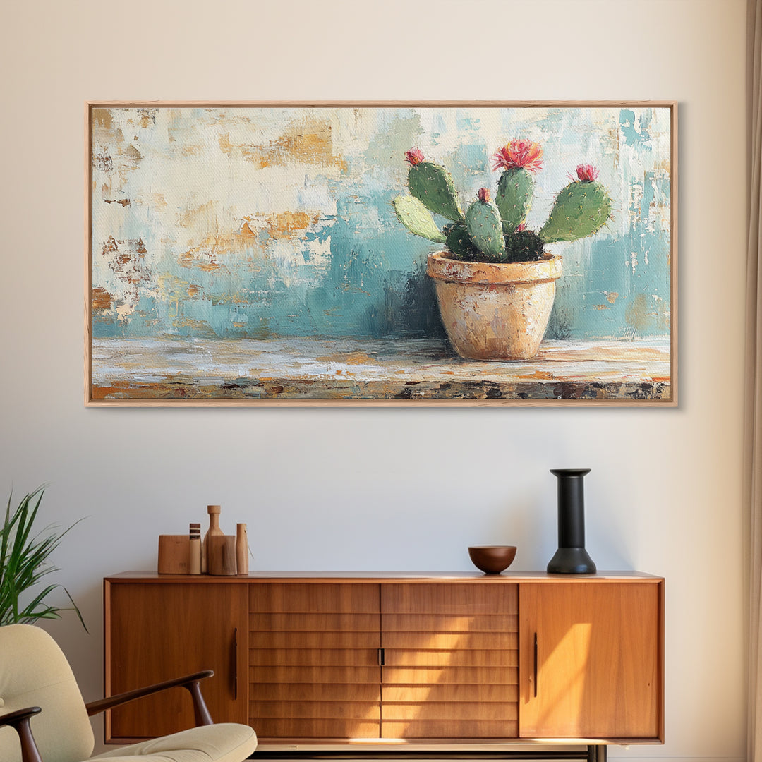 Potted Prickly Pear Cactus With Pink Flowers Canvas Print, Desert Wall Art, Southwest Decor, Botanical Kitchen Decor Gift