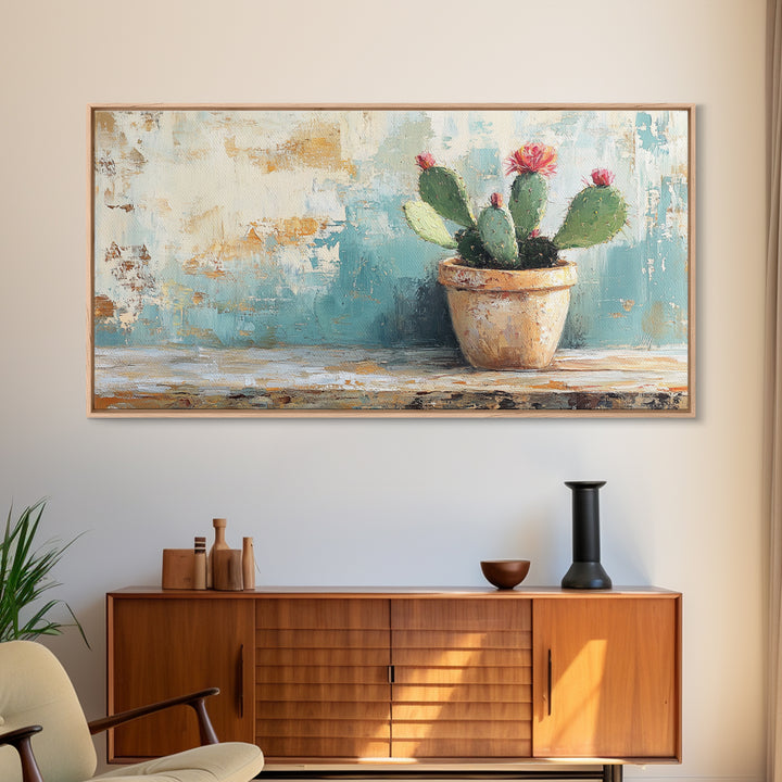 Potted Prickly Pear Cactus With Pink Flowers Canvas Print, Desert Wall Art, Southwest Decor, Botanical Kitchen Decor Gift