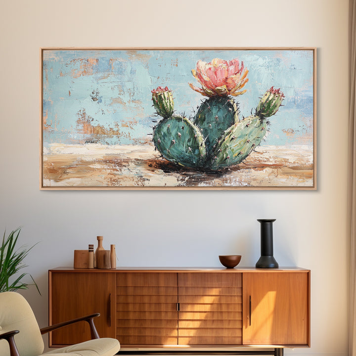 Blooming Prickly Pear Cactus Canvas Print, Desert Wall Art, Southwest Home Decor, Boho Botanical Living Room Decor Gift Idea