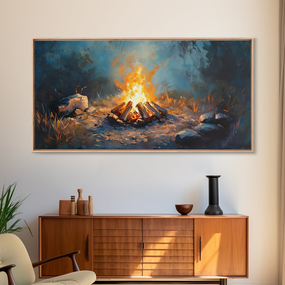 Glowing Forest Campfire Canvas Print, Cabin Wall Art, Rustic Nature Decor, Cozy Camping Gift For Him Or Outdoor Lover And Hiker