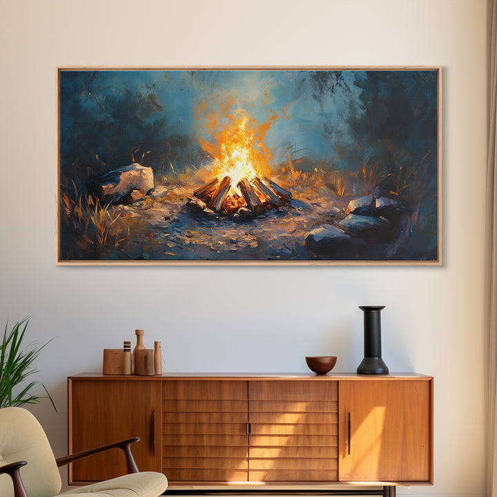 Glowing Forest Campfire Canvas Print, Cabin Wall Art, Rustic Nature Decor, Cozy Camping Gift For Him Or Outdoor Lover And Hiker