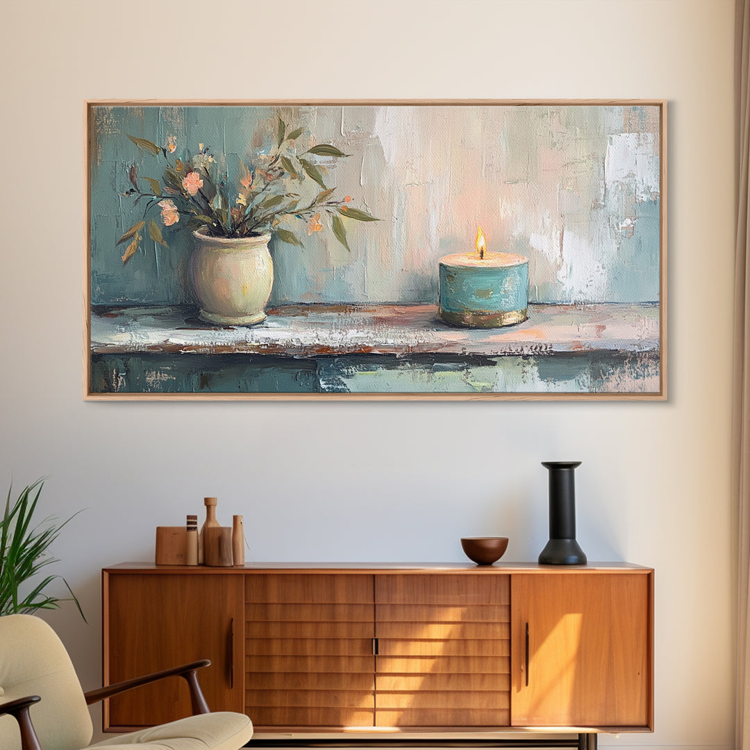 Potted Olive Plant And Candle Canvas Print, Spa Wall Art, Zen Home Decor, Calming Neutral Bathroom Decor Housewarming Gift