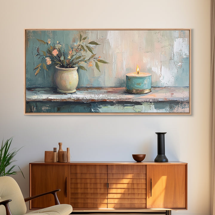 Potted Olive Plant And Candle Canvas Print, Spa Wall Art, Zen Home Decor, Calming Neutral Bathroom Decor Housewarming Gift