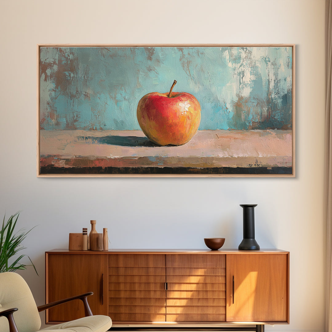 Single Red Apple Still Life Canvas Print, Kitchen Wall Art, Rustic Farmhouse Decor, Minimalist Foodie Gift For Chef Or Baker