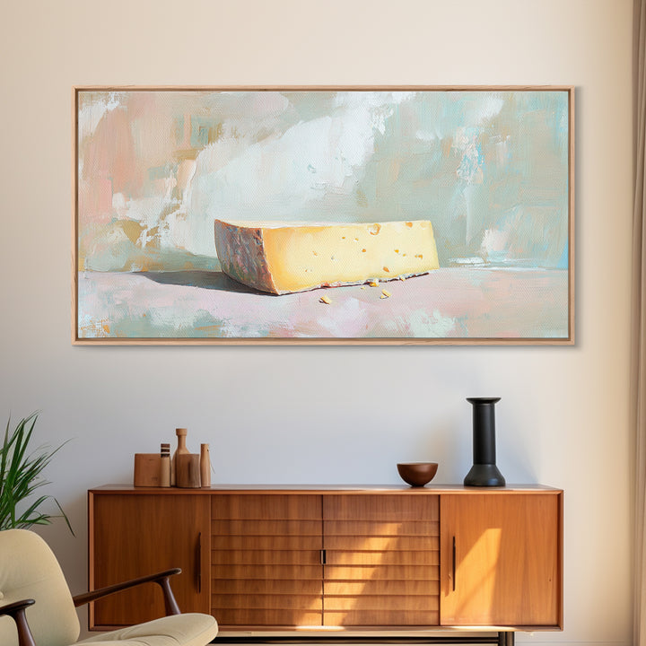 Minimal Cheese Wedge Still Life Wall Art, Pastel Kitchen Decor, Food Art Print, Modern Farmhouse Canvas, Gift For Foodie
