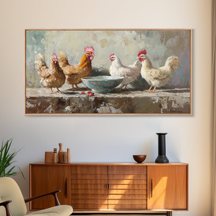 Rustic Farm Chickens And Blue Bowl Wall Art, Farmhouse Canvas Print, Country Kitchen Decor, Animal Wall Art, Housewarming Gift