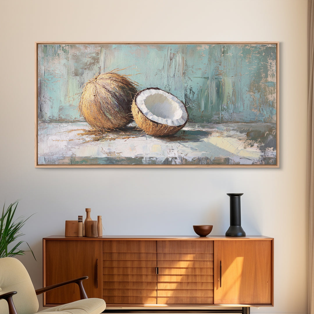 Split Coconut Still Life Wall Art, Tropical Canvas Print, Coastal Kitchen Decor, Beach House Decor, Nature Inspired Art, Gift