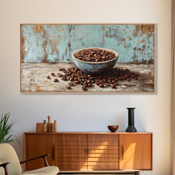 Coffee Beans In Weathered Blue Bowl Wall Art, Coffee Bar Canvas Print, Rustic Kitchen Decor, Cafe Wall Art, Gift For Coffee Lover