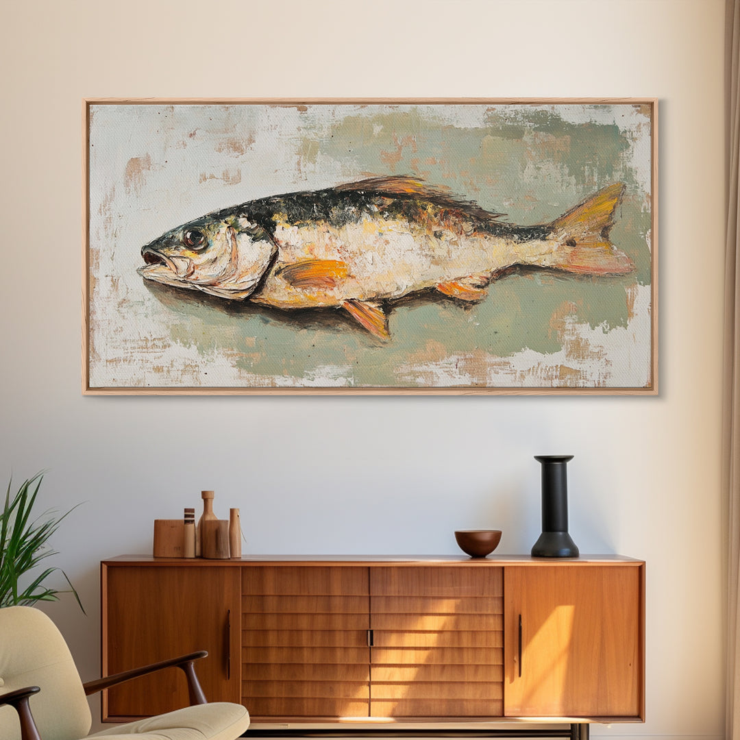 Rustic Fish Still Life Canvas Print, Coastal Kitchen Wall Art, Seafood Wall Decor, Nautical Home Decor For Lake House Gift
