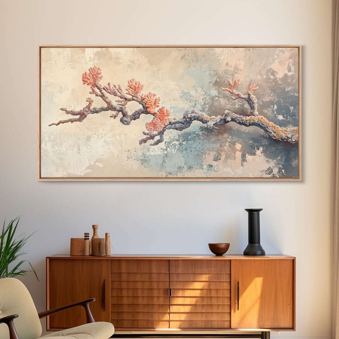 Pink Coral Branch Coastal Wall Art, Textured Ocean Art Print, Beach House Decor, Serene Neutral Canvas Print, Nautical Wall Decor