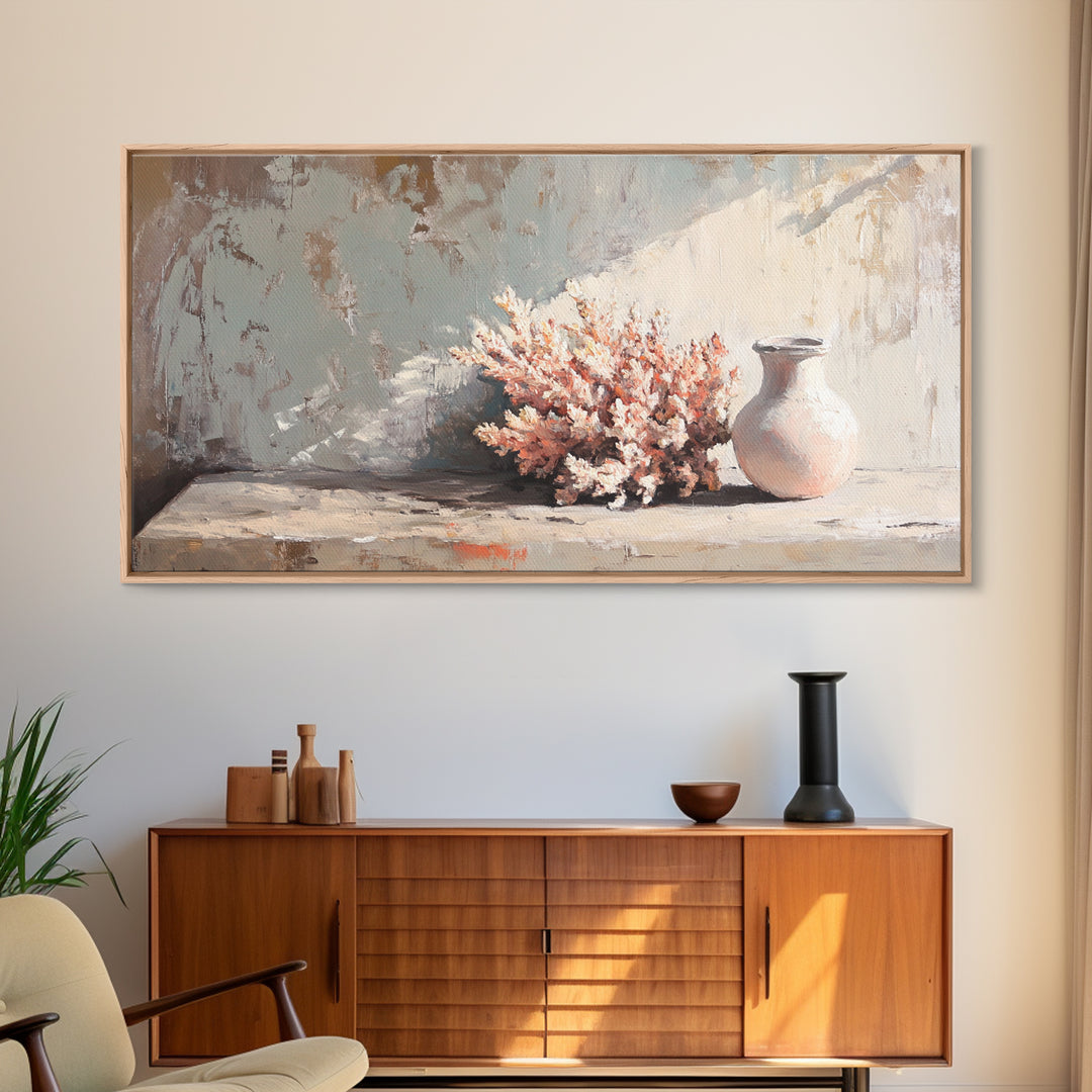 Soft Coral Bouquet And Ceramic Vase Wall Art, Coastal Still Life Print, Neutral Beach House Decor, Modern Home Decor Gift
