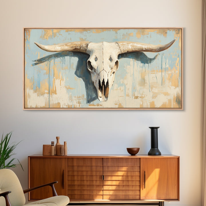 Longhorn Skull On Rustic Blue Plaster Wall Art, Western Ranch Decor, Southwestern Home Decor, Cowboy Canvas Art Print Gift