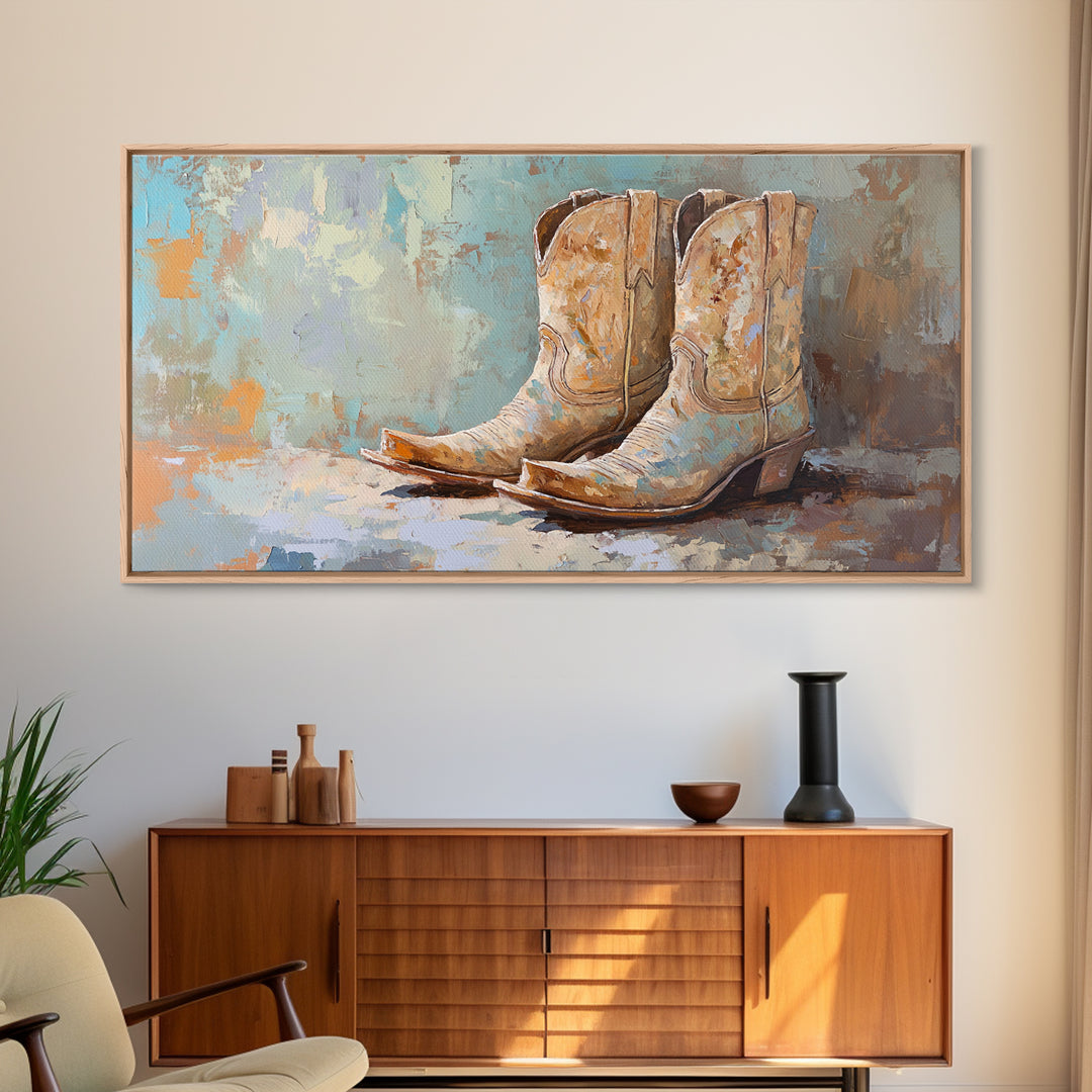 Weathered Cowboy Boots On Textured Blue Canvas Print, Western Wall Decor, Rustic Ranch Home Decor, Cowgirl Gift For Her Art