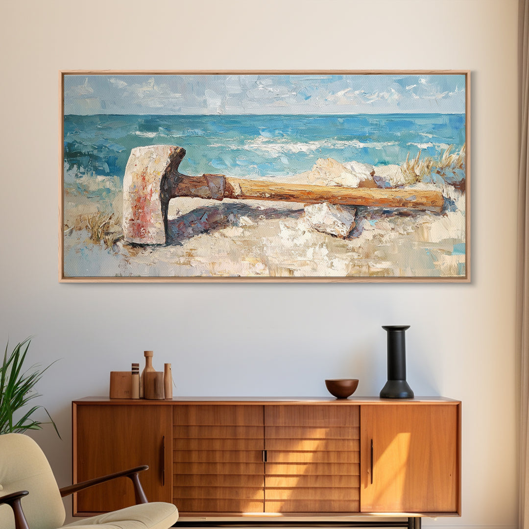 Weathered Axe On Sandy Beach Canvas Print, Coastal Wall Art, Nautical Home Decor, Rustic Seaside Ocean Landscape Gift For Him