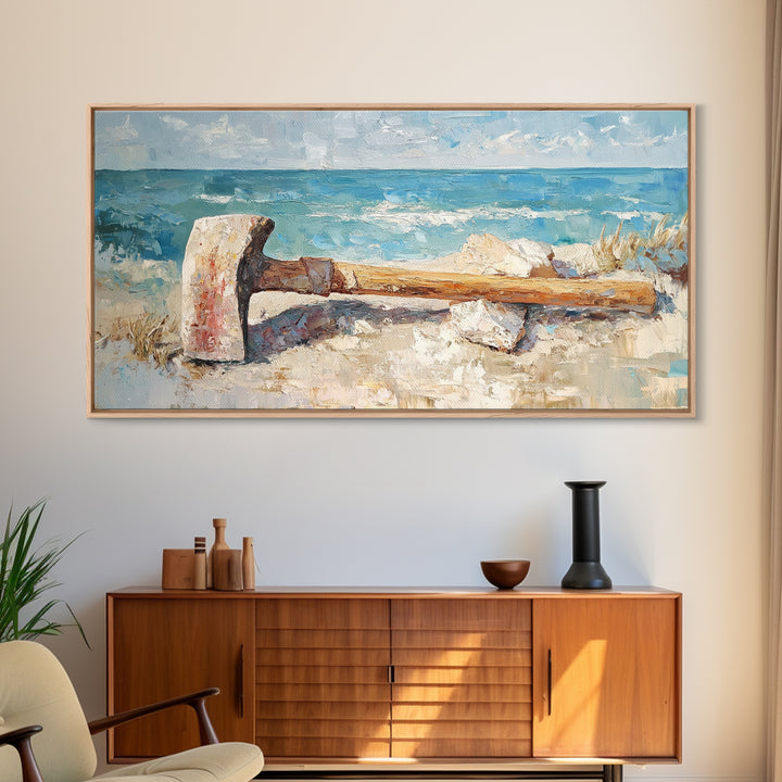 Weathered Axe On Sandy Beach Canvas Print, Coastal Wall Art, Nautical Home Decor, Rustic Seaside Ocean Landscape Gift For Him