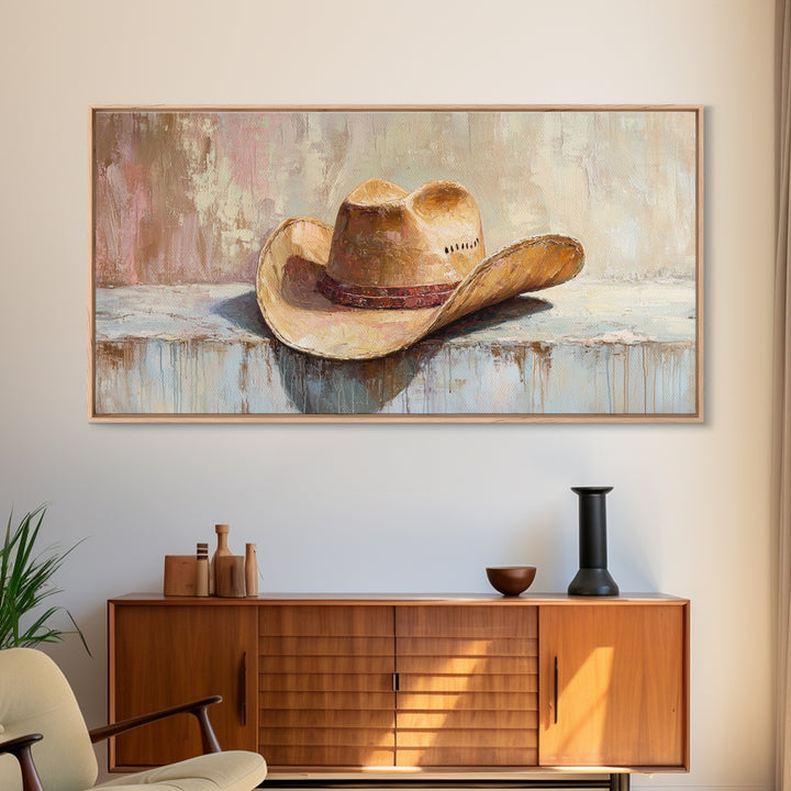 Worn Cowboy Hat On Rustic Shelf Wall Art, Western Home Decor, Cowgirl Wall Decor, Ranch Housewarming Gift, Canvas Print Idea