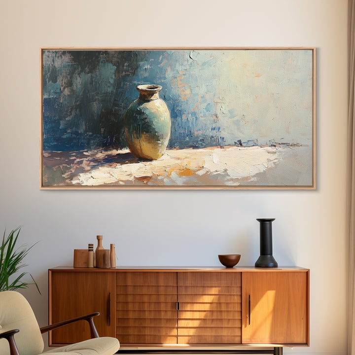 Single Ceramic Vase In Sunlit Blue Abstract Wall Art, Minimalist Home Decor, Still Life Painting, Modern Office Decor Gift