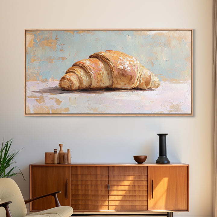Golden Croissant On Pastel Table Canvas Print, French Bakery Wall Art, Kitchen Decor, Patisserie Print, Foodie Gift For Baker
